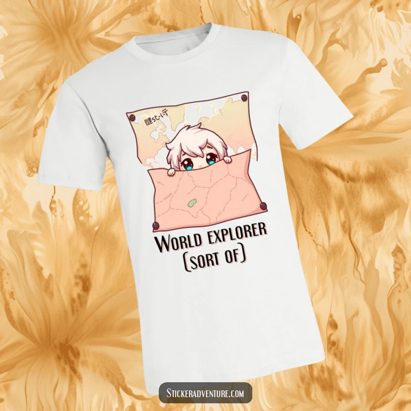 Funny T-Shirt featuring a character hiding behind a giant map, peeking out with wide, expressive eyes, ideal for explorers.