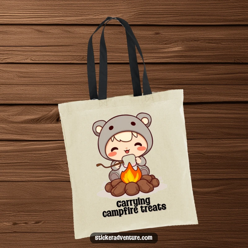 Funny tote bag with a cute character roasting a marshmallow over a campfire, ideal for carrying items with a charming, humorous touch.