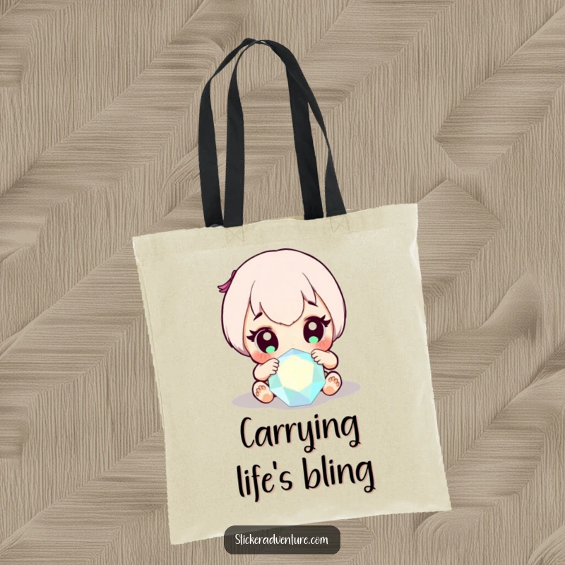 Funny tote bag showing a cute character with wide eyes discovering a dazzling, sparkling gem, perfect for carrying essentials.
