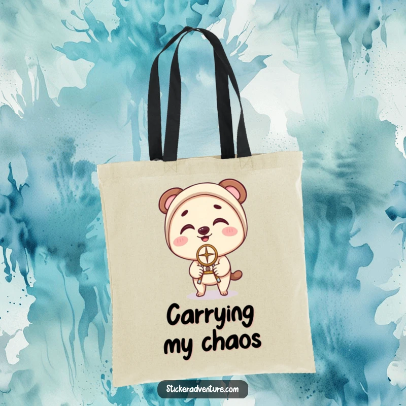 Funny Tote Bag: Character with wide, delighted eyes balances a compass on their nose, showcasing clumsy navigation skills humorously.