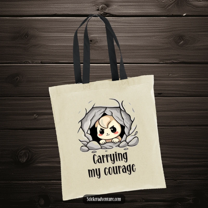 Funny cave explorer tote bag, showing a playful character peering into a dark cave with a nervous grin, for carrying essentials.