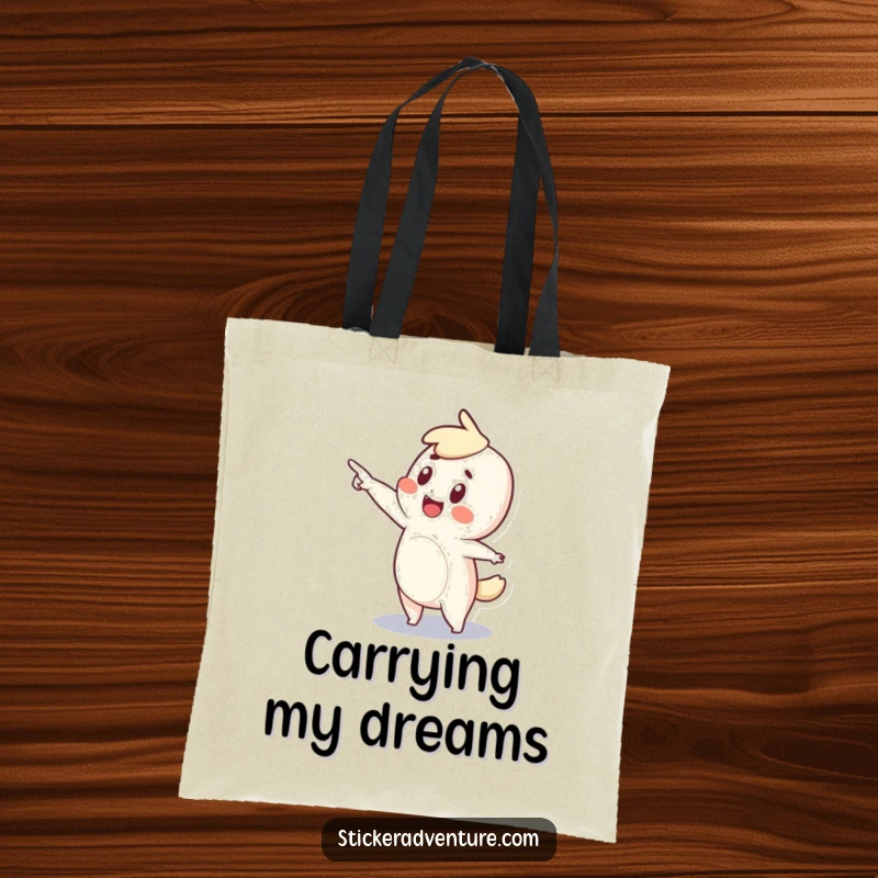 Funny tote bag with a tiny character pointing into the distance with immense wonder and a cheerful expression.