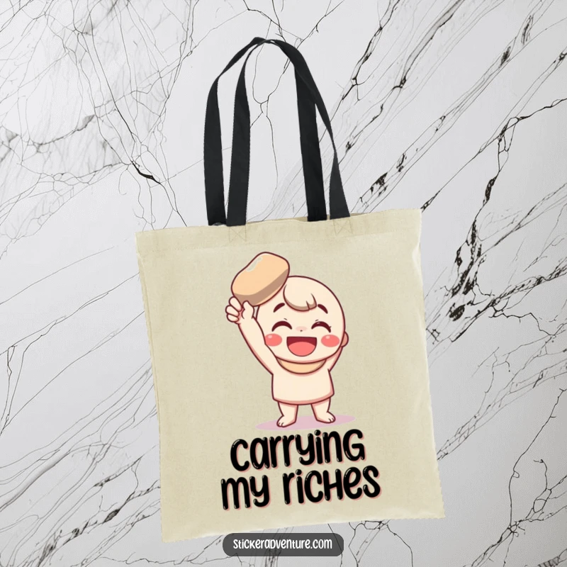 Funny Tote Bag: A character joyfully holds a shiny pebble, ready for adventure and carrying your funny finds.