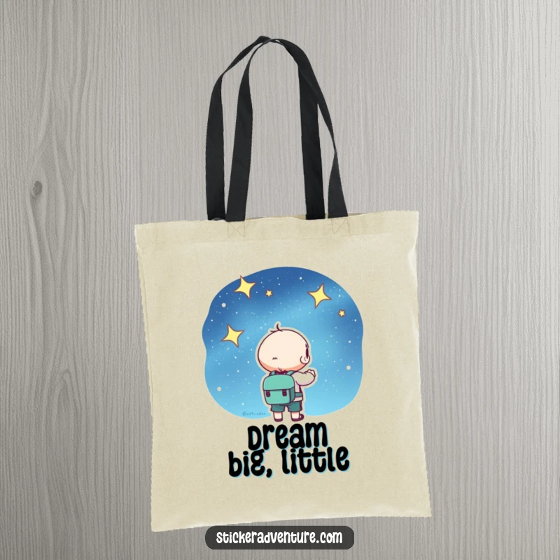 Kawaii tote bag featuring a cute character with a backpack, gazing at a beautiful starry night sky, perfect for everyday use.