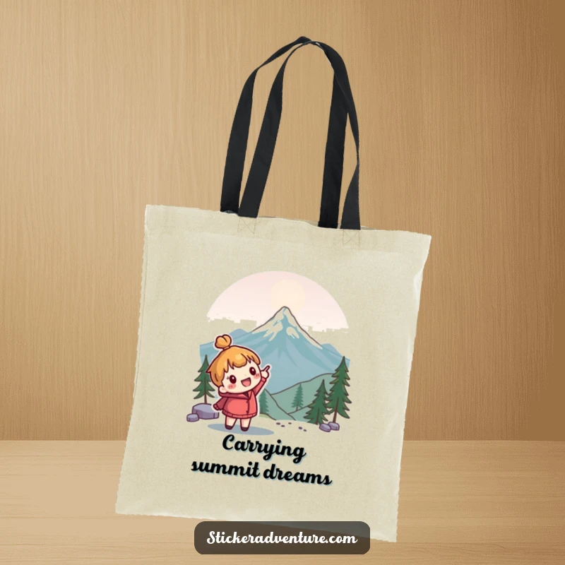 Funny adventure tote bag showing a cute character enthusiastically pointing towards a mountain peak; a humorous travel accessory.