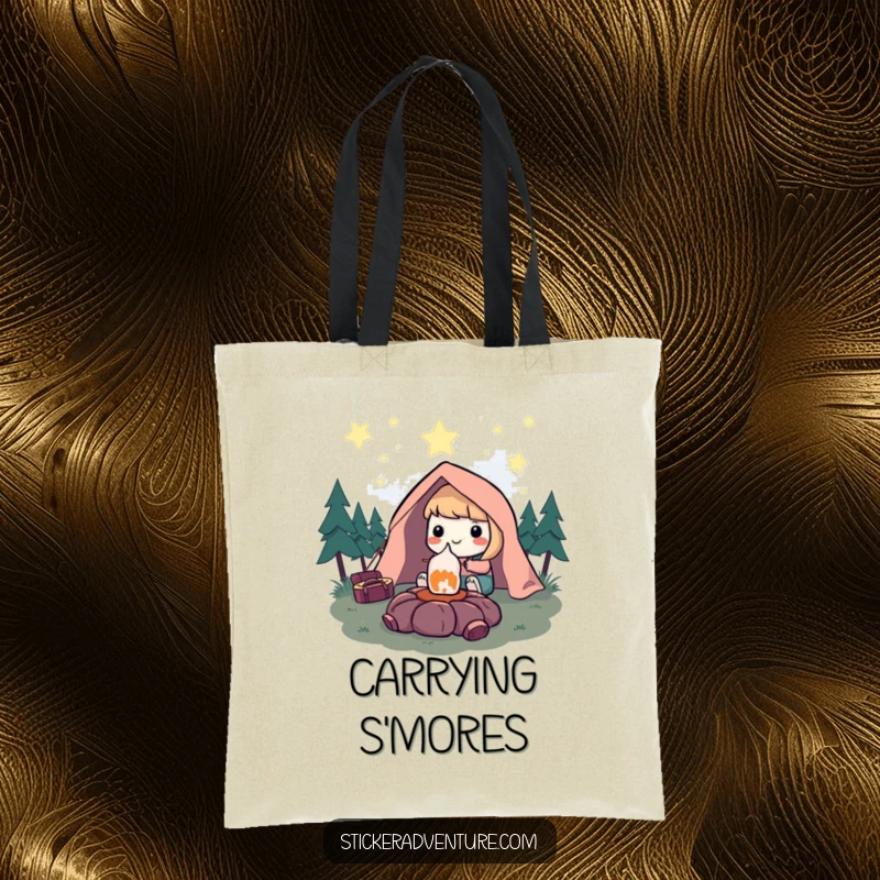 Funny Tote Bag: Character smiling while roasting a marshmallow under a starry sky, embodying the joy of camping.