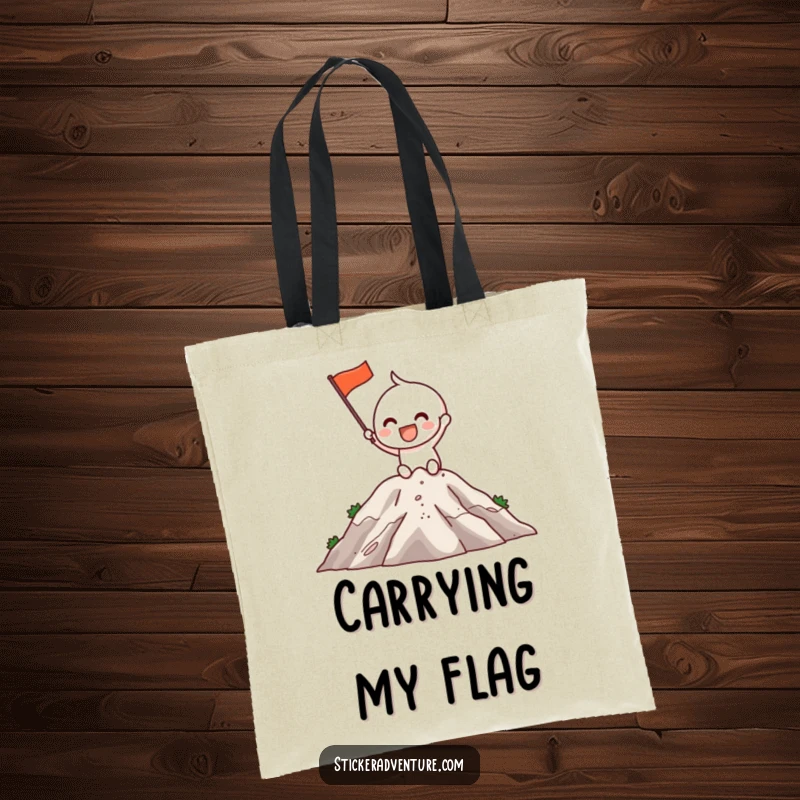 Funny Tote Bag: An excited character grins while planting a flag on a mountaintop, perfect for carrying victory.