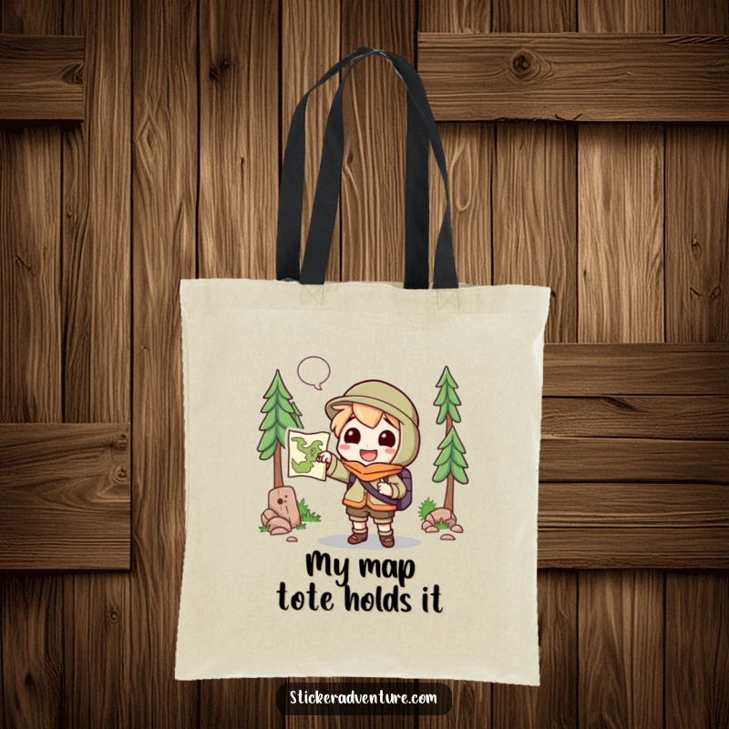 Funny Tote Bag: A cheerful character proudly shows a map, pointing to an unknown trail, perfect for adventurers.