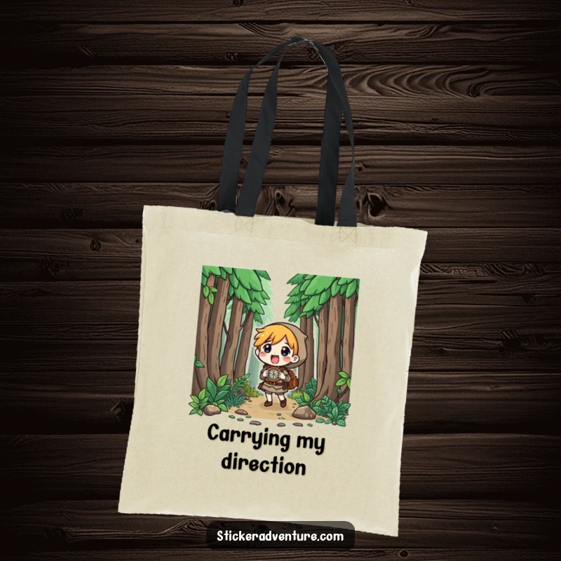 Funny character in a forest with a compass, curious look, carrying items, practical funny gift.