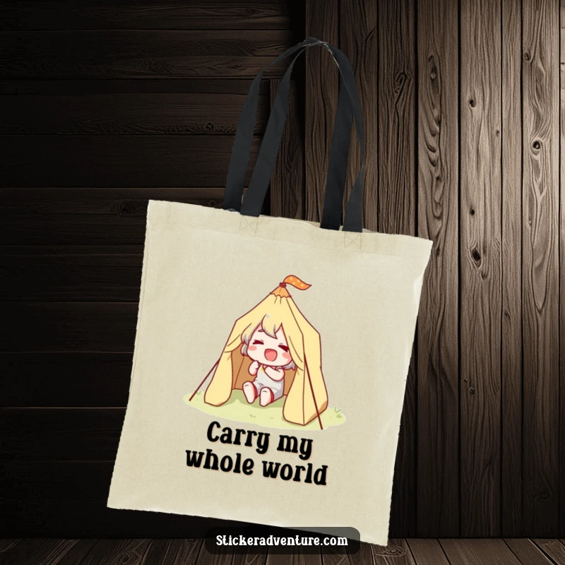 Funny Happy Camper Tote Bag: A character joyfully setting up a tiny tent, perfect for carrying supplies.