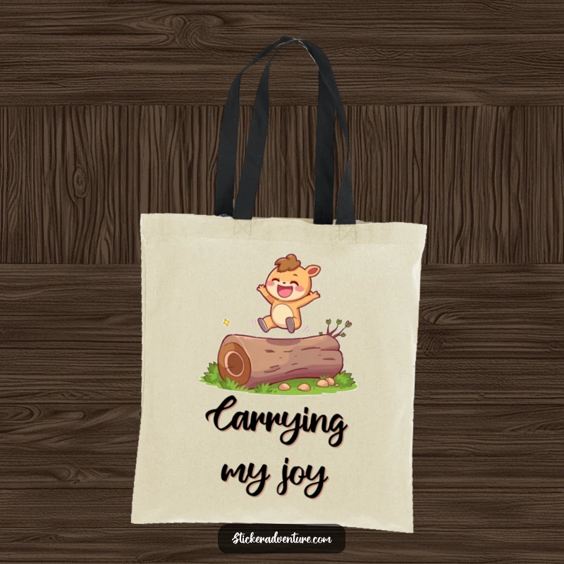 Funny character tote bag depicting a character leaping over a log with a big grin, perfect for carrying essentials.