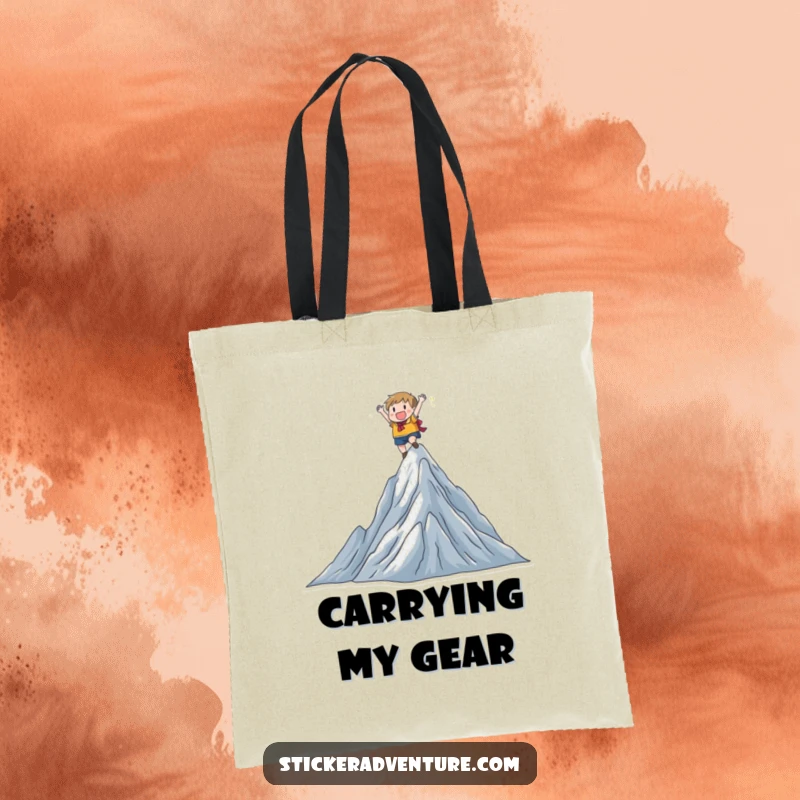 Funny character scaling a mountain, triumphant pose at summit, carrying items, practical funny gift.