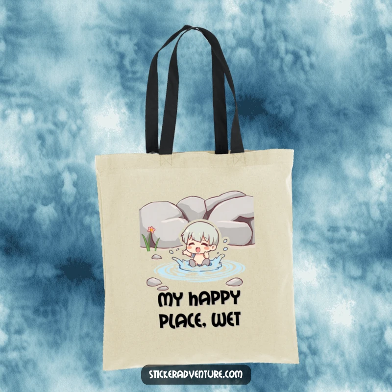 Funny splashing stream tote bag, a character playing in a clear stream, charming and functional for water lovers.