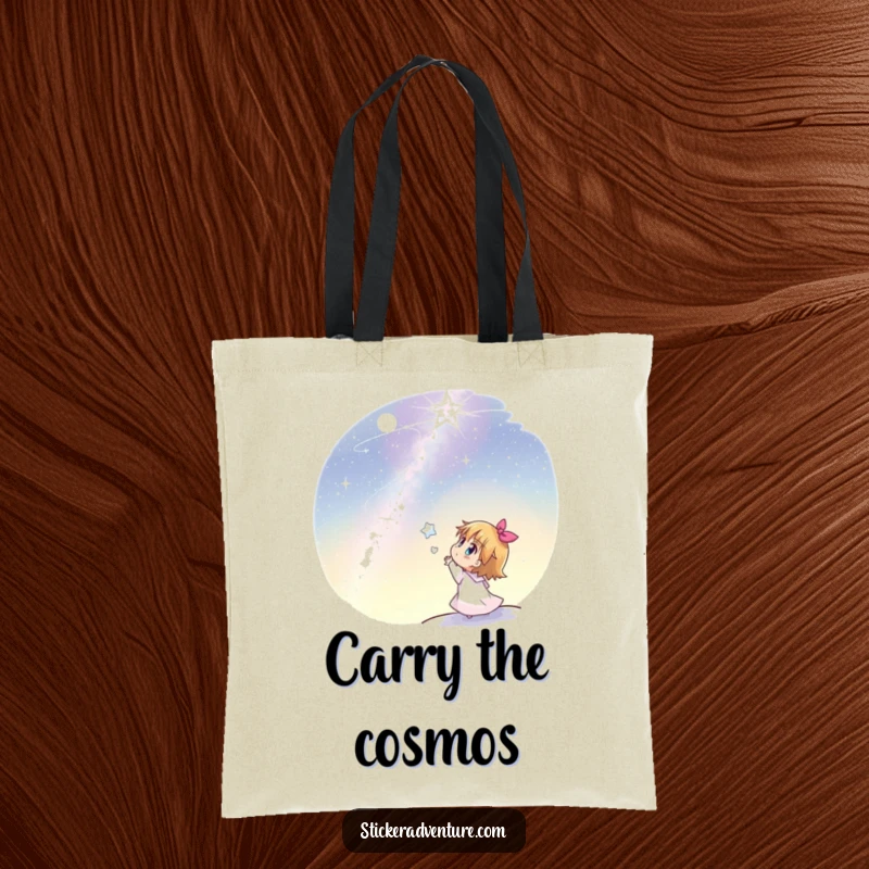 Funny tote bag illustrating a joyful character looking up in awe at a vast, sparkling starlit night sky.