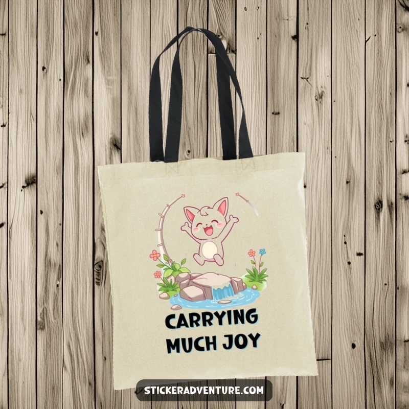 Funny tote bag depicting a happy character taking a triumphant leap over a stream, representing joy and energetic movement.