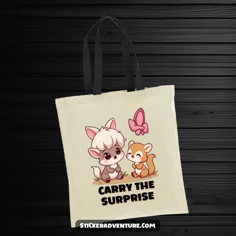 Funny tote bag illustrating a playful character's surprised face upon meeting a small, shy woodland creature.