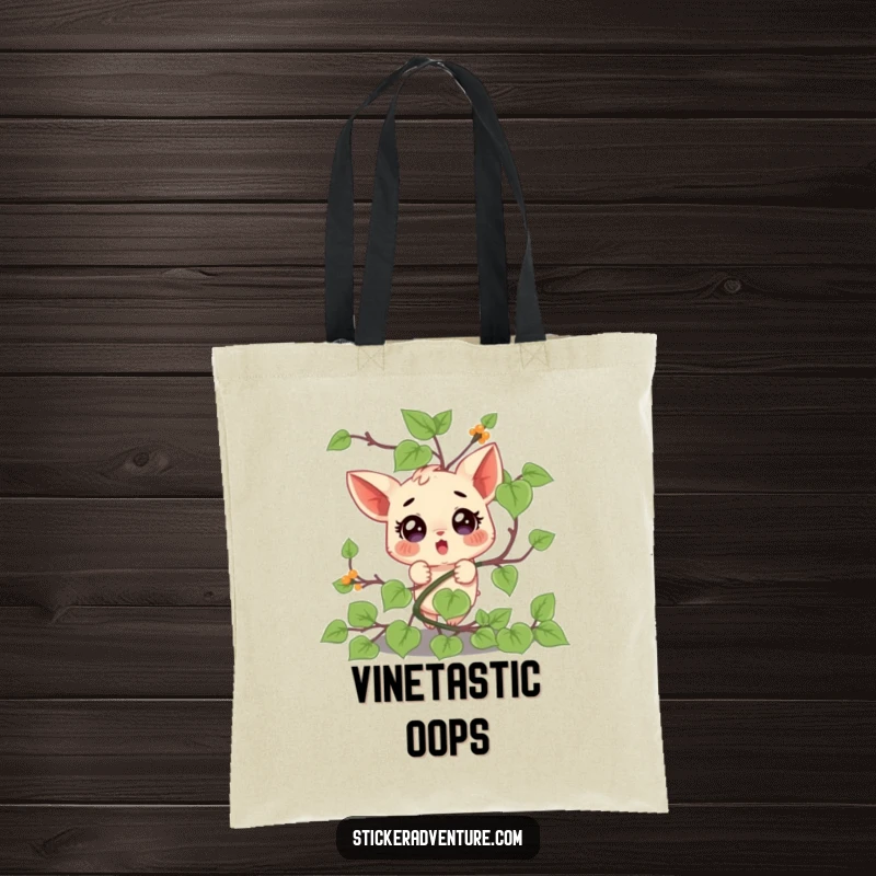 Funny tote bag print of a small, surprised character comically ensnared by a vine, a humorous accessory for daily use.