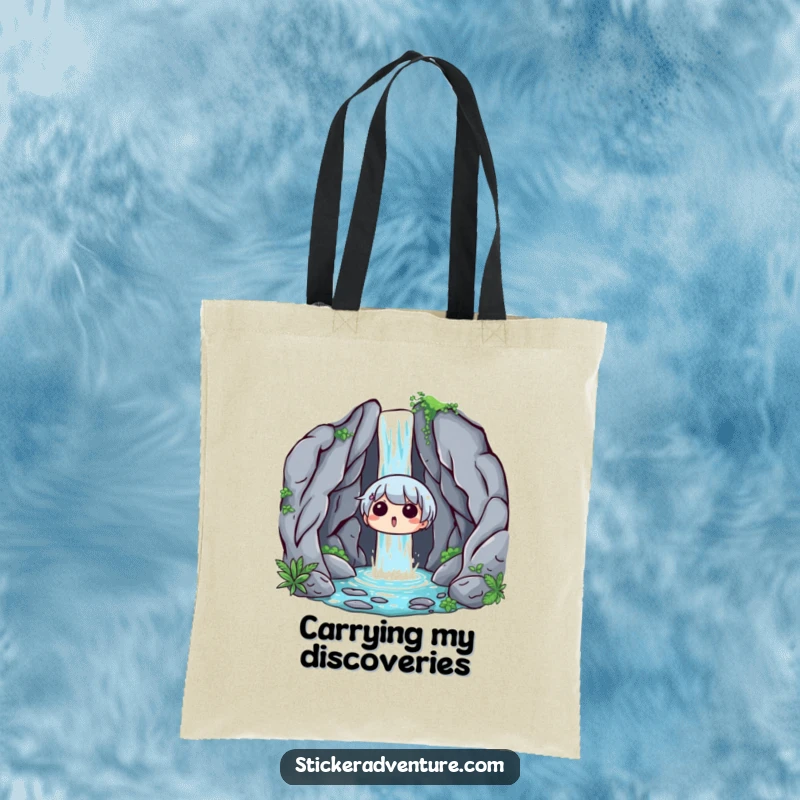 Funny Waterfall Surprise Tote Bag: A character looking surprised and delighted by a hidden waterfall, perfect for carrying items.