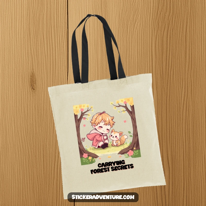 Funny tote bag with a character playfully interacting with a curious woodland creature. Ideal for nature lovers and humor fans.