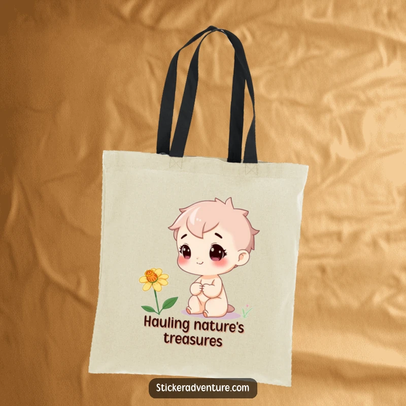 Funny Tote Bag: A curious character beams with joy while discovering a delicate, rare wildflower, perfect for eco-friendly style.
