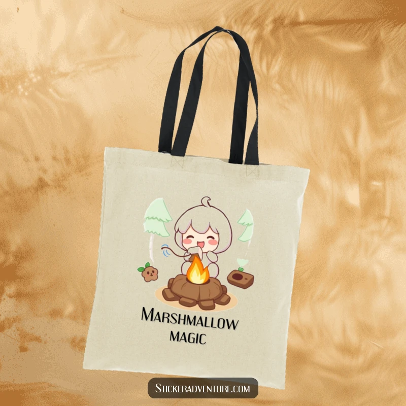 Funny tote bag featuring a character joyfully roasting a marshmallow over a small campfire, ideal for carrying essentials with flair.