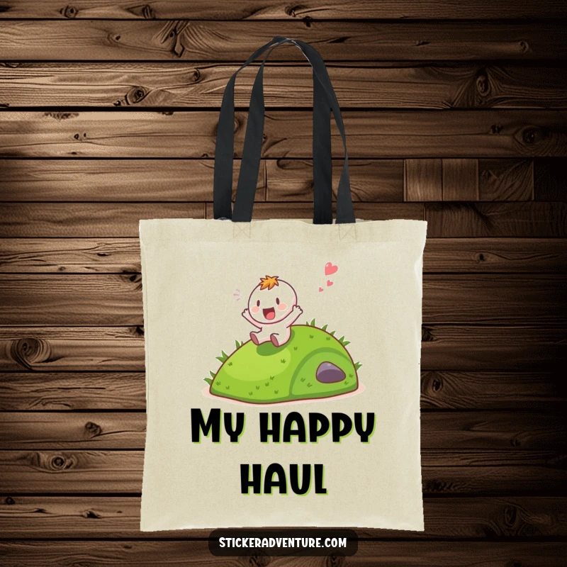 Funny character gleefully sliding down a grassy hill, depicted on a durable and humorous tote bag.