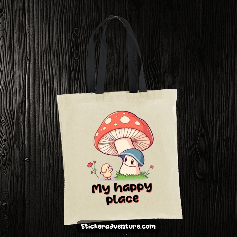 Funny tote bag illustrating a whimsical character in awe of a gigantic, brightly colored mushroom in a magical setting.