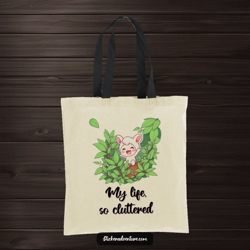 Funny tote bag depicting a character excitedly navigating dense foliage with a smile, representing the joy of exploration.